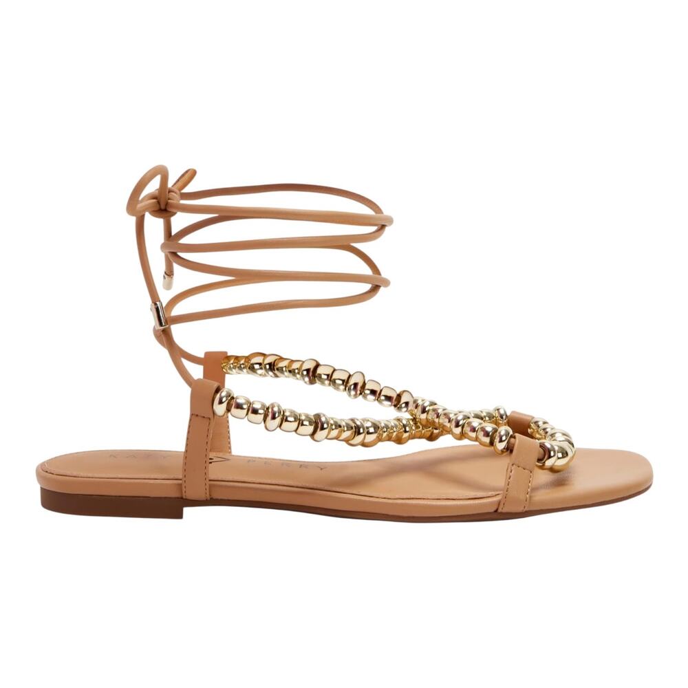 Katy Perry Women's The Halie Bead Ankle Tie Sandals Tan Gold Size 7 1/2 - Picture 2 of 5